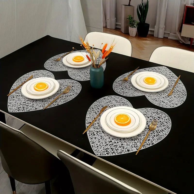 (2er Set) 39x38.5cm Herz Tischunterlage Abwaschbare Teller Untersetzer Tischset - Silber