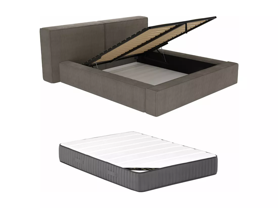 Lit coffre 200 x 200 cm - Velours côtelé - Taupe + Matelas - TIMANO de Pascal Morabito
