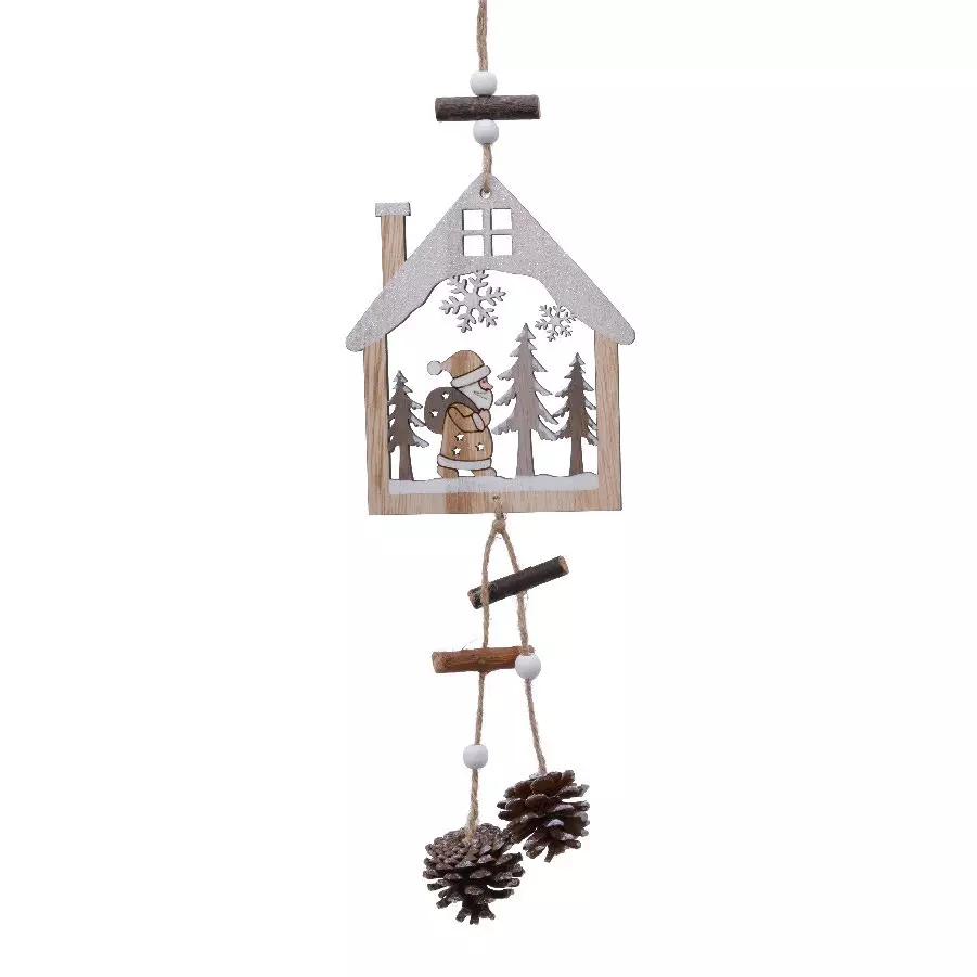 Père Noël à suspendre (H30 cm) Maison et pommes de pin