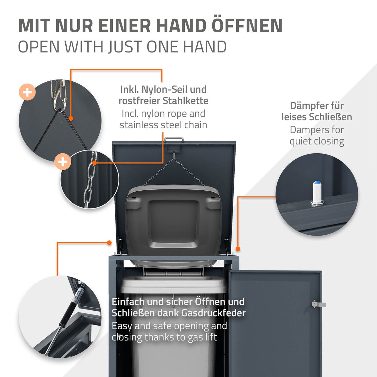 ML-Design Enkele Bak Opbergkast voor 1 Bak, 240L, 68x80x116,3 cm, Antraciet, Staal, Weerbestendig, Afsluitbare Bakbehuizing met Scharnierend Deksel en Deur, Bakbox, Bakcontainer, Bakdeksel