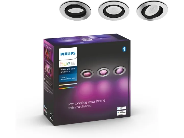 Philips Hue White and Color Ambiance Centura - Indlejret spotlys - LED-spot lyspære - GU10 - 5.7 W - klasse G - 16 millioner farver/varmt hvidt til koldt hvidt lys - 2000-6500 K - aluminium (pakke med 3)