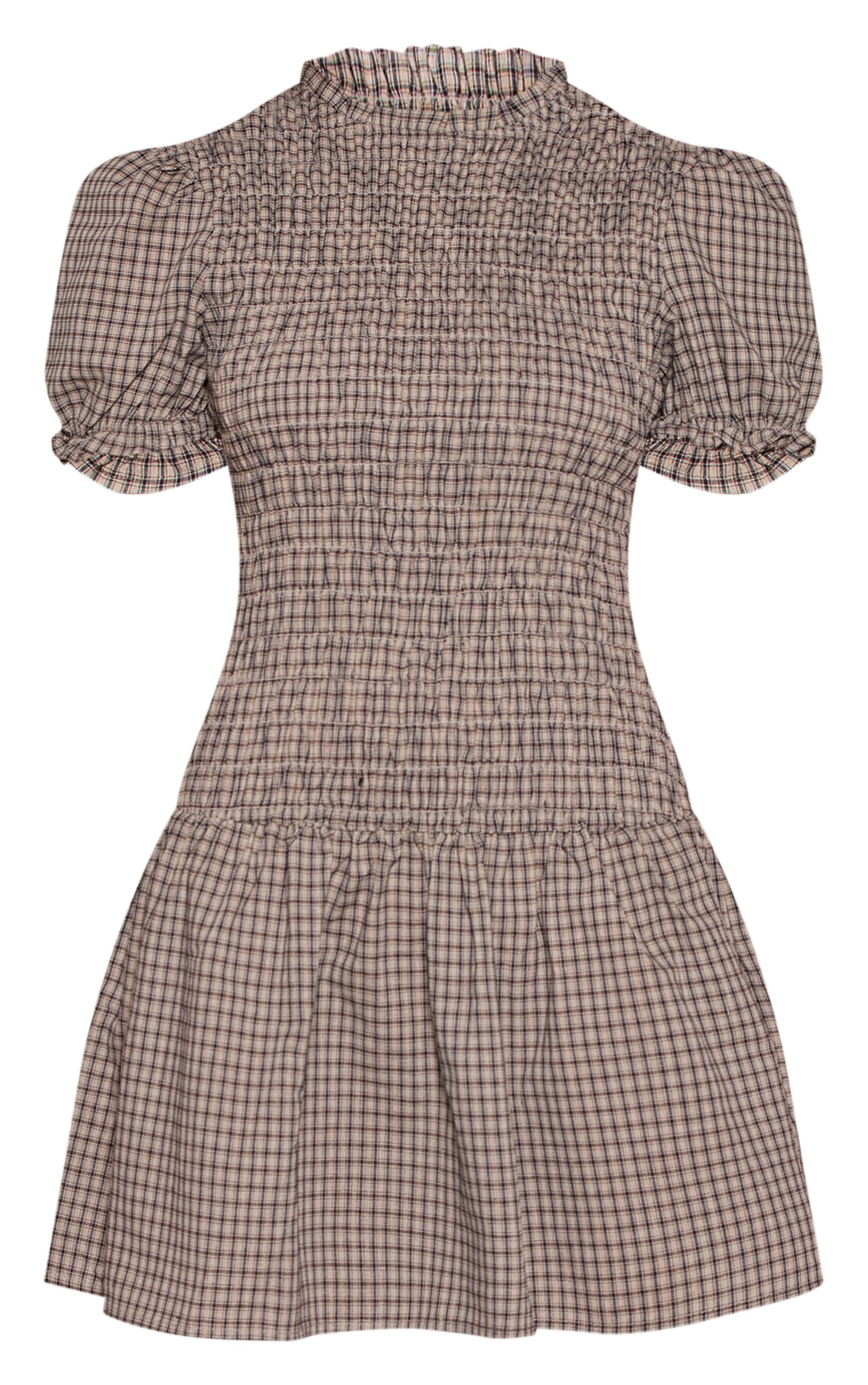 Gris Robe Droite À Carreaux Avec Manches Courtes Froncées