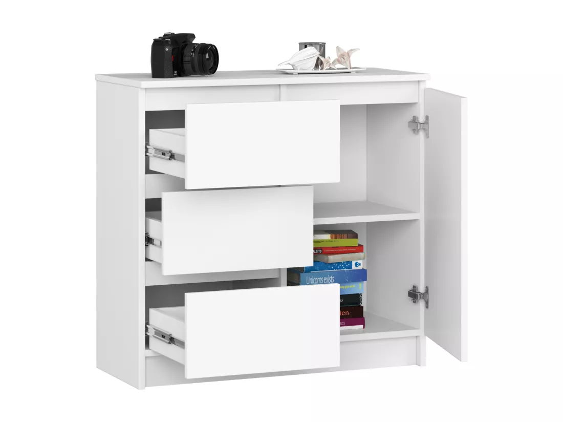 Commode AKORD JERRY Blanche 80 cm 1 porte 3 tiroirs façade Blanche 2 étagères 80x35x77 cm
