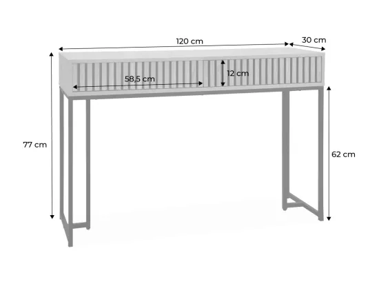 Console contemporaine avec 2 tiroirs en décor bois rainuré. structure et piètement en métal noir