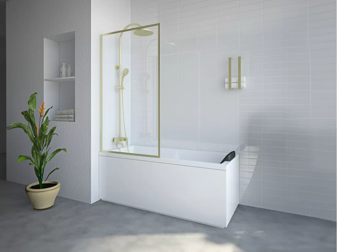 Pare baignoire doré style industriel - 80 x 140 cm - Verre trempé - BRADENTON