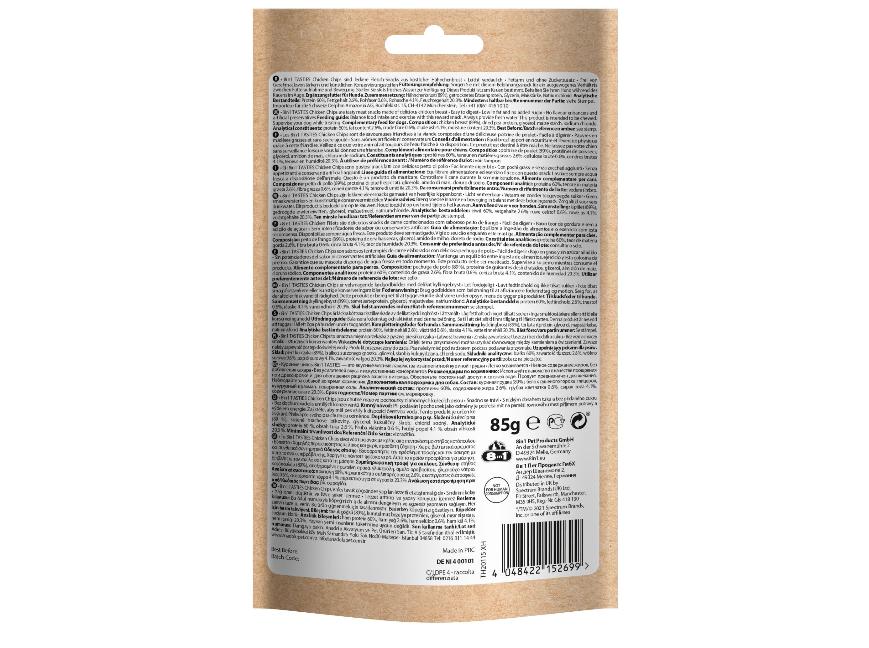 SNACKS CÃO 8IN1 CHICKEN CHIPS 85G
