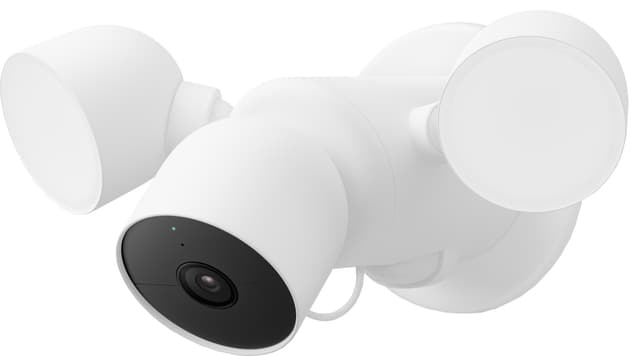 Google Nest Cam sikkerhedskamera med kabel og projektørlys