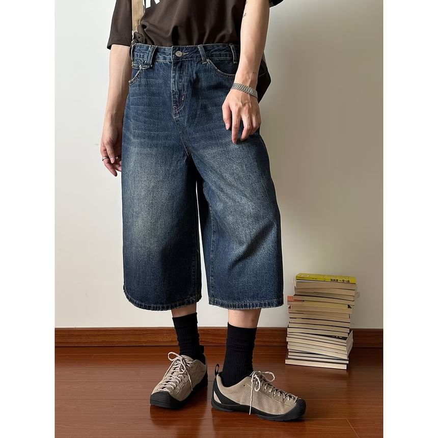 Cowpow - High Waist Washed Wide Leg Capri Jeans
