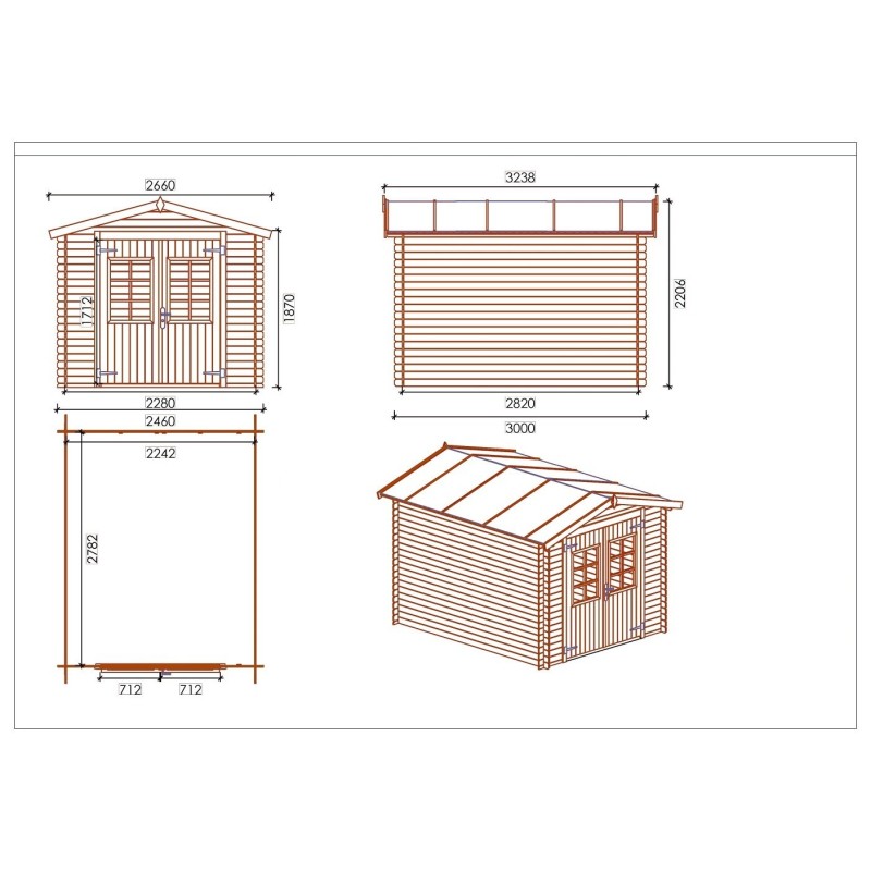 Abri de jardin en bois - 7,38m2 - 2,46x3m - traité - ep. 19mm - couleur: vert