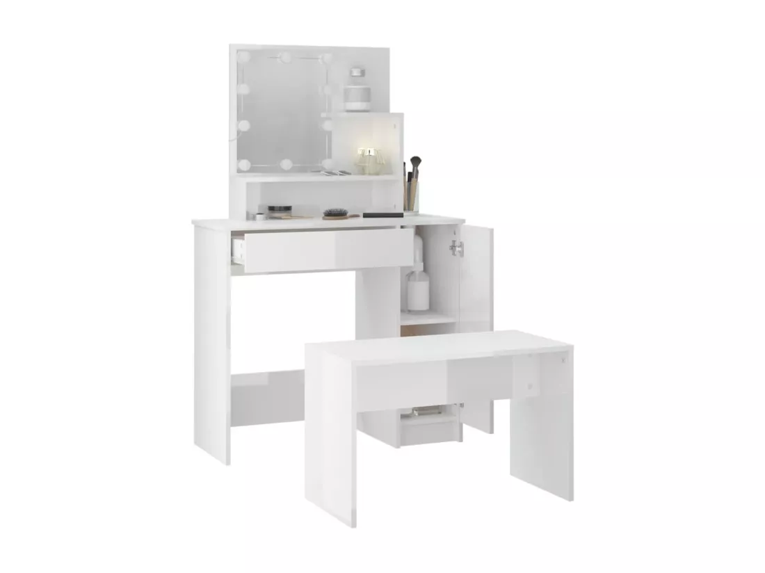 Ensemble de coiffeuse avec LED Blanc brillant Bois d'ingénierie