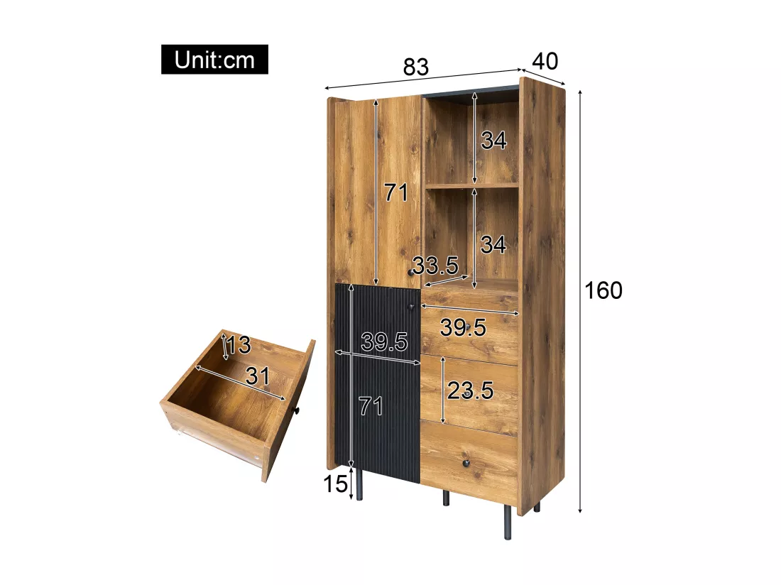 Vitrine H 160cm - avec 2 portes、3 tiroirs et 2 compartiments - Noir & Naturel