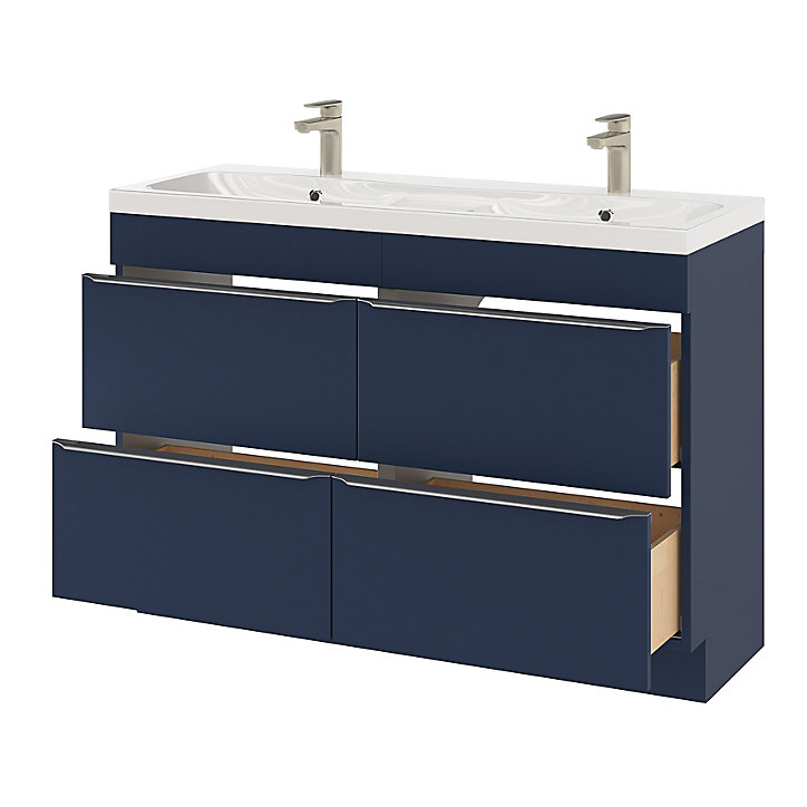 Ensemble salle de bains l.120 cm meuble à poser Imandra bleu nuit mat + plan double vasque résine blanc
