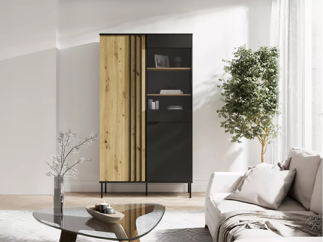 Vitrine 2 portes et 3 niches avec LEDs - Noir et naturel - TUNALO