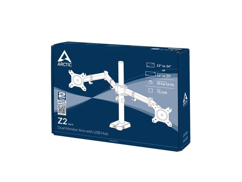 Arctic Cooling Tischhalterung Z2 (Gen 3) bis 30 kg – Schwar Dual-Monitorarm mit USB Hub
