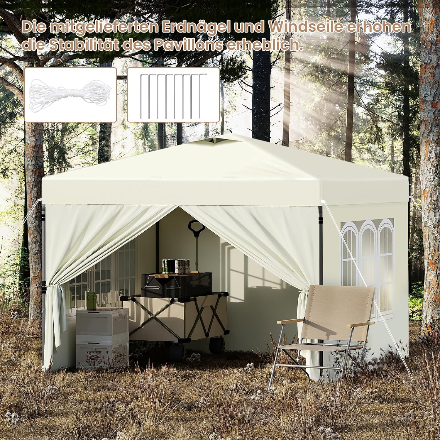 Laneetal Pavillon 3x3 m, Faltpavillon mit Seitenwänden, wasserfest stabil Winterfest, Outdoor Gartenpavillon, Partyzelt Gartenzelt, höhenverstellbar, UV Schutz, Metallrahmen, Beige