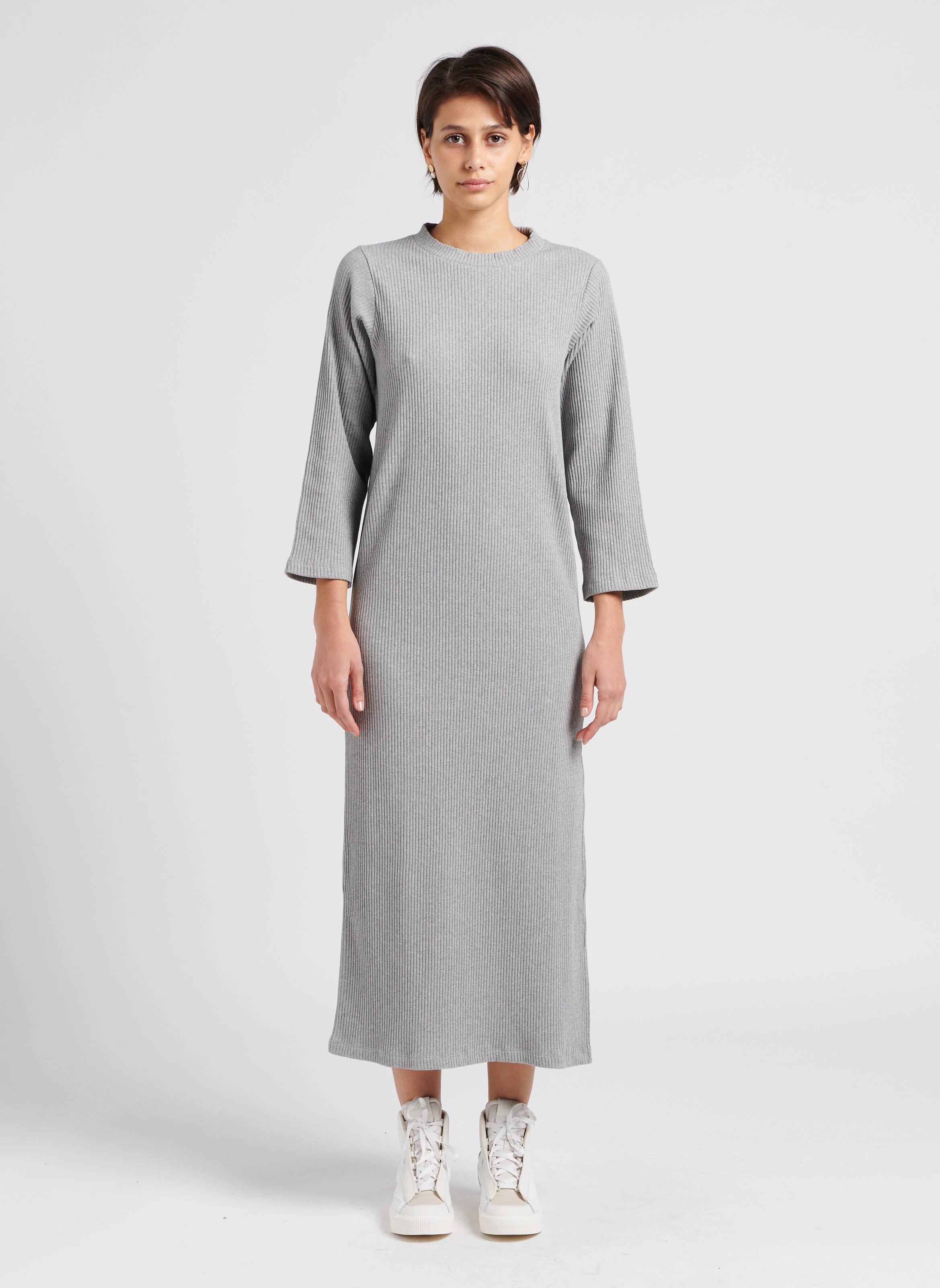 LE VIVIENNE - Robe longue col rond en coton mélangé| Gris