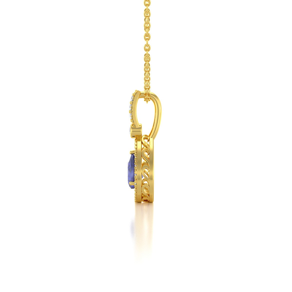 Collier Pendentif ADEN Or 585 Jaune Tanzanite et Diamants Chaine Or 585 incluse 1.55grs
