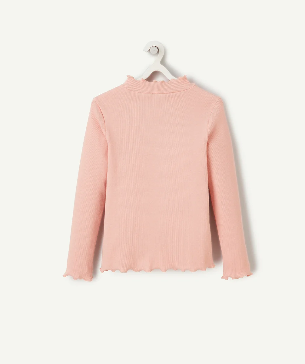 SOUS-PULL CÔTELÉ FILLE EN COTON BIO ROSE AVEC FESTONS