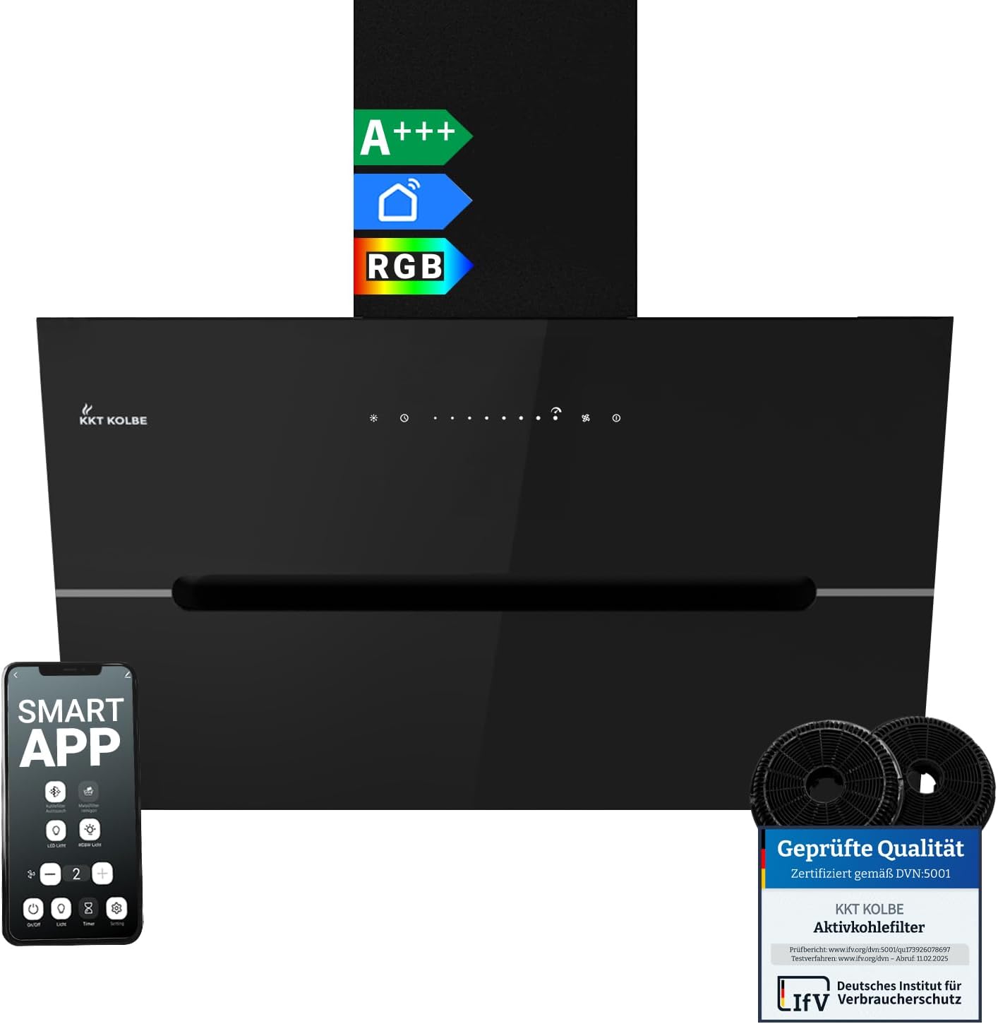 KKT KOLBE Dunstabzugshaube 80 cm | 782 cbm/h Umluft Abluft | Kopffrei | Wandhaube | Schwarz Glas | Smart WiFi App WLAN | RGBW-LED-Beleuchtung | ECCO8005SM
