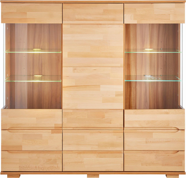 Home affaire Highboard »Vetro,150cm breit,40 cm tief,Fronten Massivholz,9 Fächer« Kernbuche massiv, Holzwerkstoff, 3Türen,6 Schubladen, Griffmulden