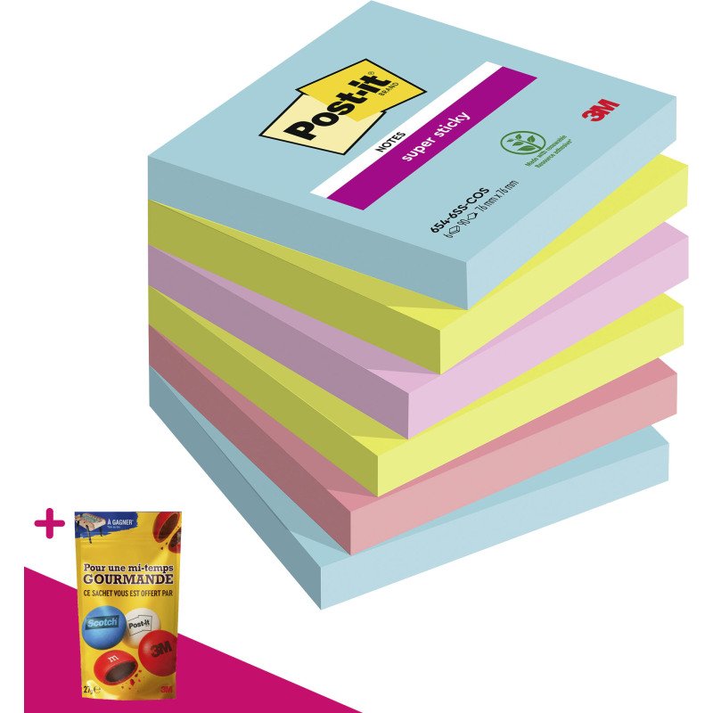 Notes repositionnables couleurs Cosmic Super Sticky Post-it - bloc de 90 feuilles = Pour l'achat 12 notes repositionnables, 1 sachet de M&M OFFERT