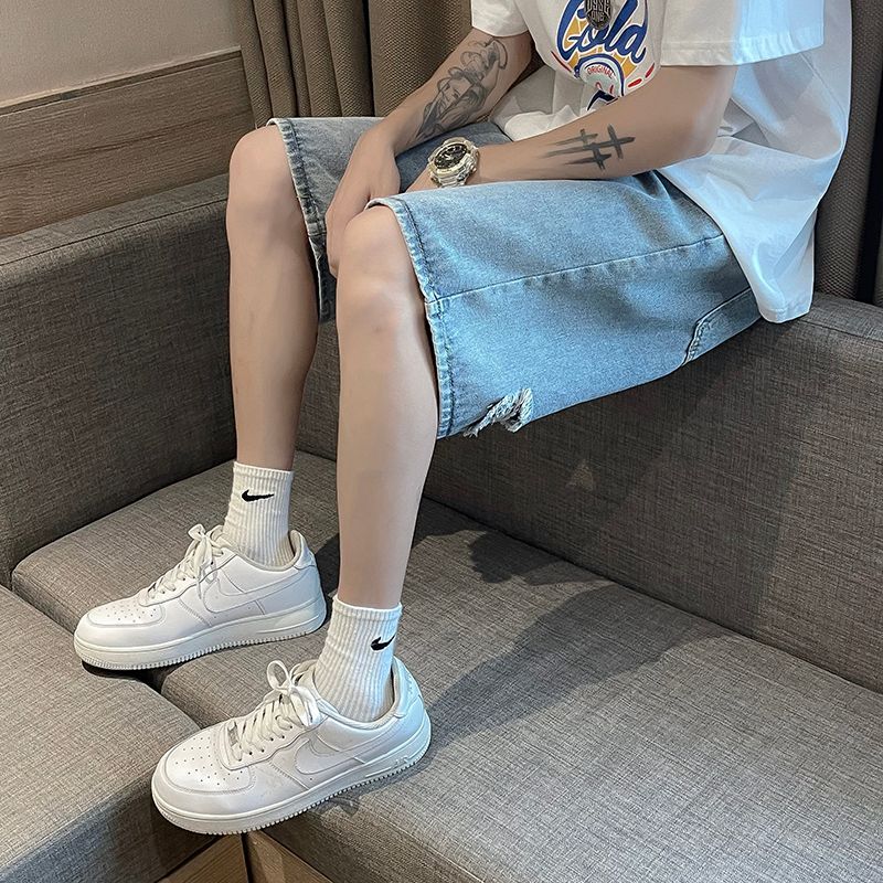 Oakjam - Versleten denim shorts met rechte pijpen