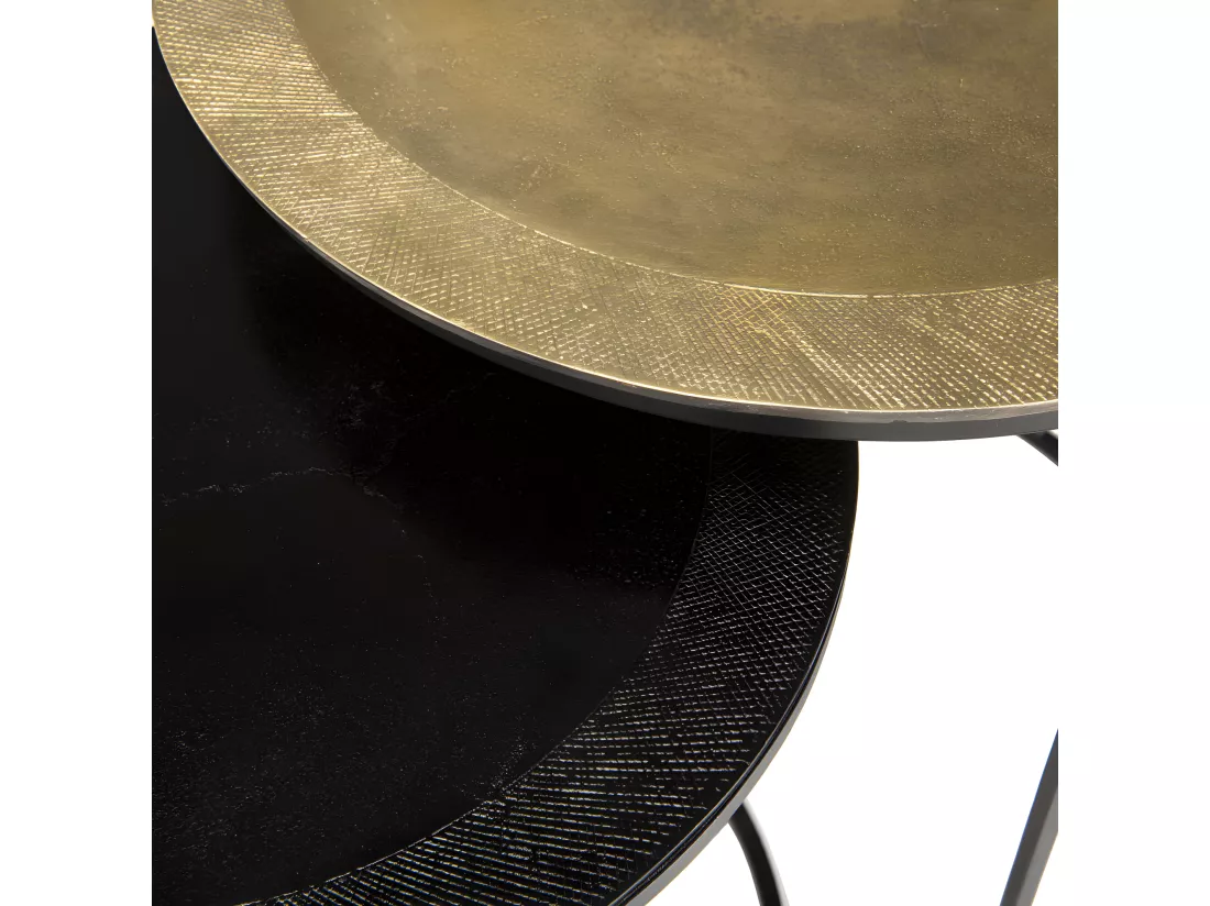 JONAS - Set de 2 tables d'appoint gigognes rondes aluminium doré et noir - pieds ronds métal noir