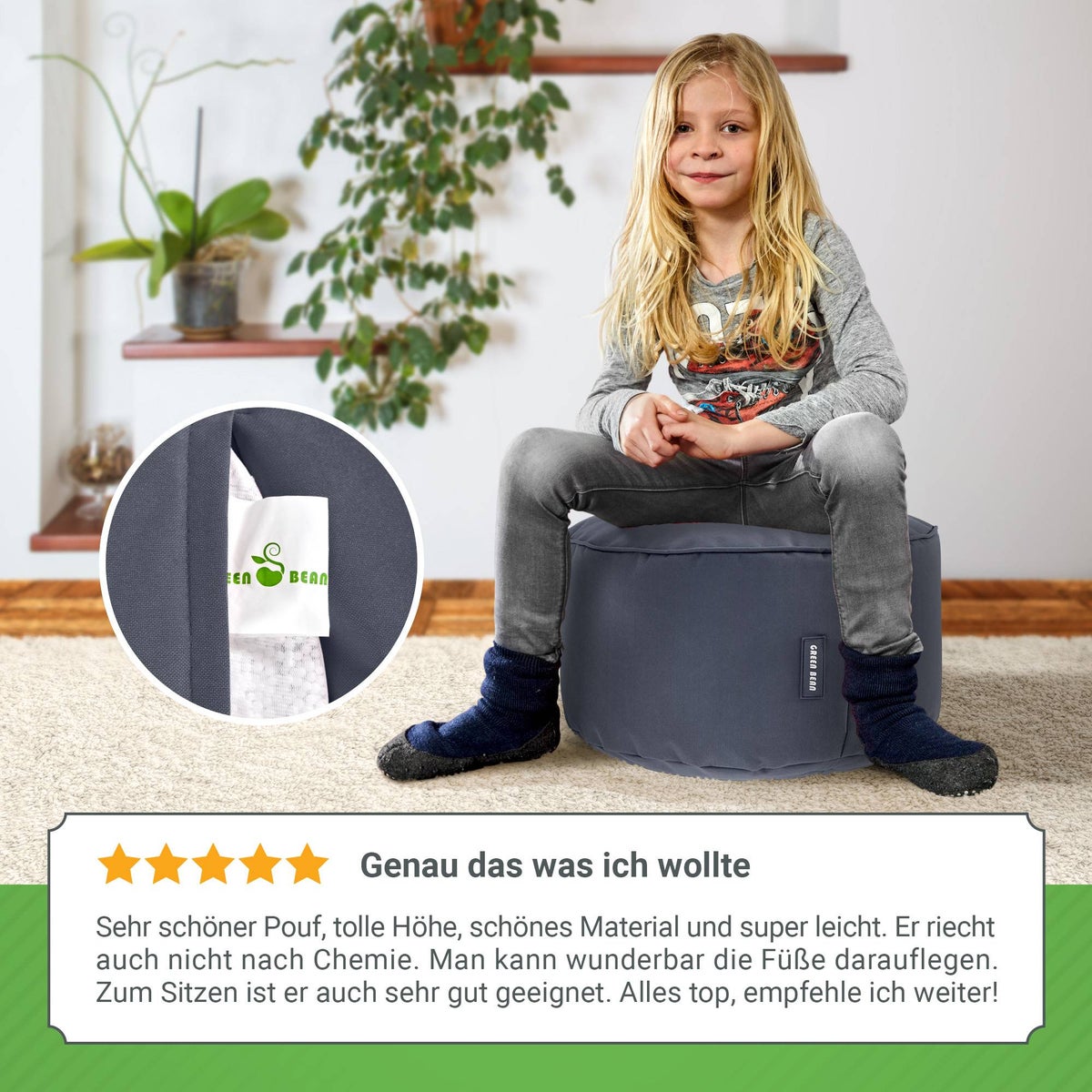 Green Bean Zitzakkruk 45x25cm met EPS-korrelvulling - Voetenbank Voetkussen Zitpoef voor Zitzakken - Vloerkussen voor Kinderen en Volwassenen - Voetsteun Zitkussen Zitkruk Staalgrijs