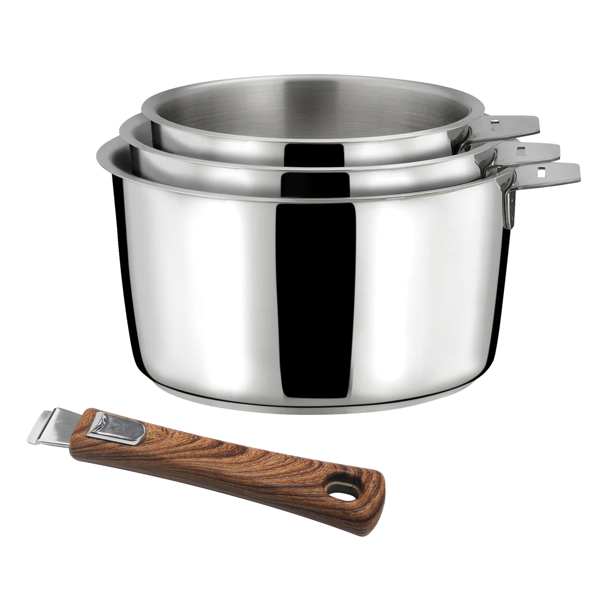 Malice - Série de 3 casseroles 16/18/20cm inox avec poignée effet bois