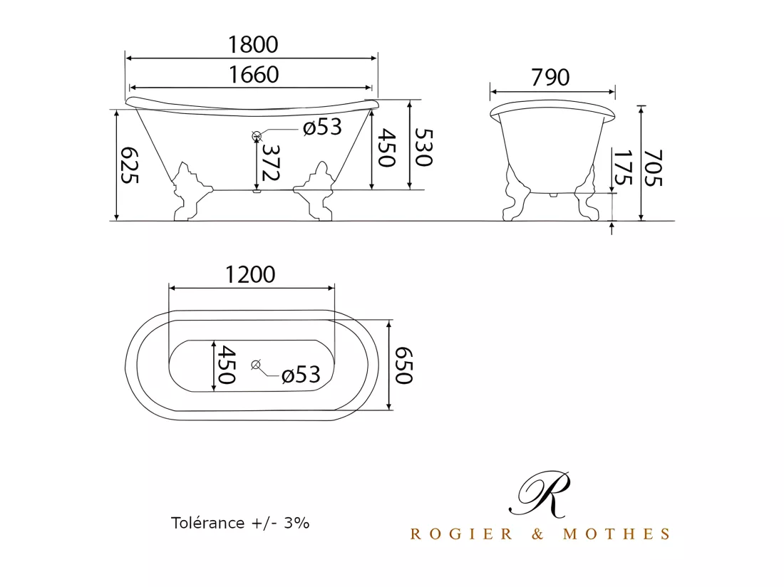 Baignoire sur pieds en fonte BRADFORD Blanche 180 cm Pieds chromés