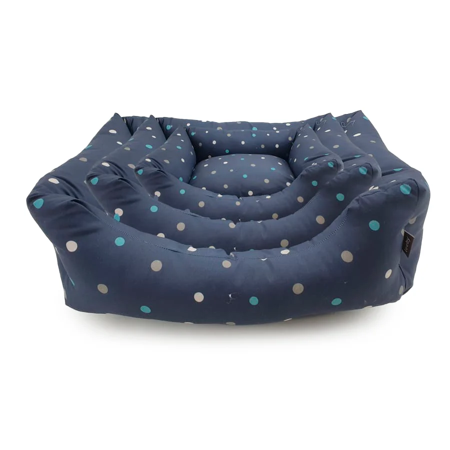 Cama para cães Leeby com capa removível, azul e com bolinhas.