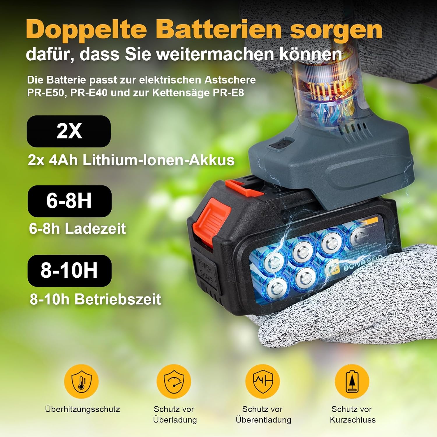 2-in-1 Akku Astschere Teleskop, 50MM Elektrische Gartenschere mit Akku 2 4Ah Brushless LCD Display Astschere Elektrisch Kompatibel mit 18V Akkus (PR-E50 pruner+pole set)