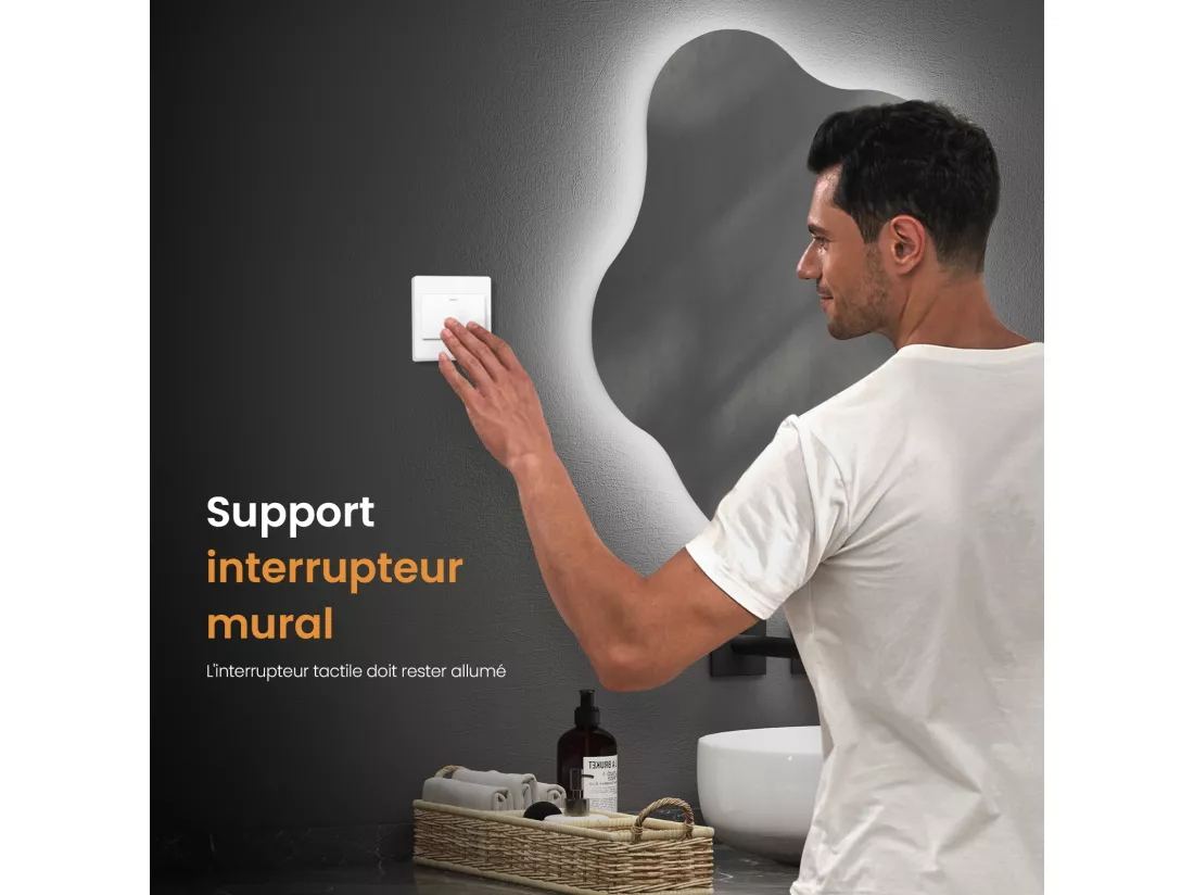 EMKE Miroir lumineux salle de bain sans cadre 60x50cm , Miroir LED avec Interrupteur Tactile, Anti-buée, Miroir avec 3 couleurs de Lumières
