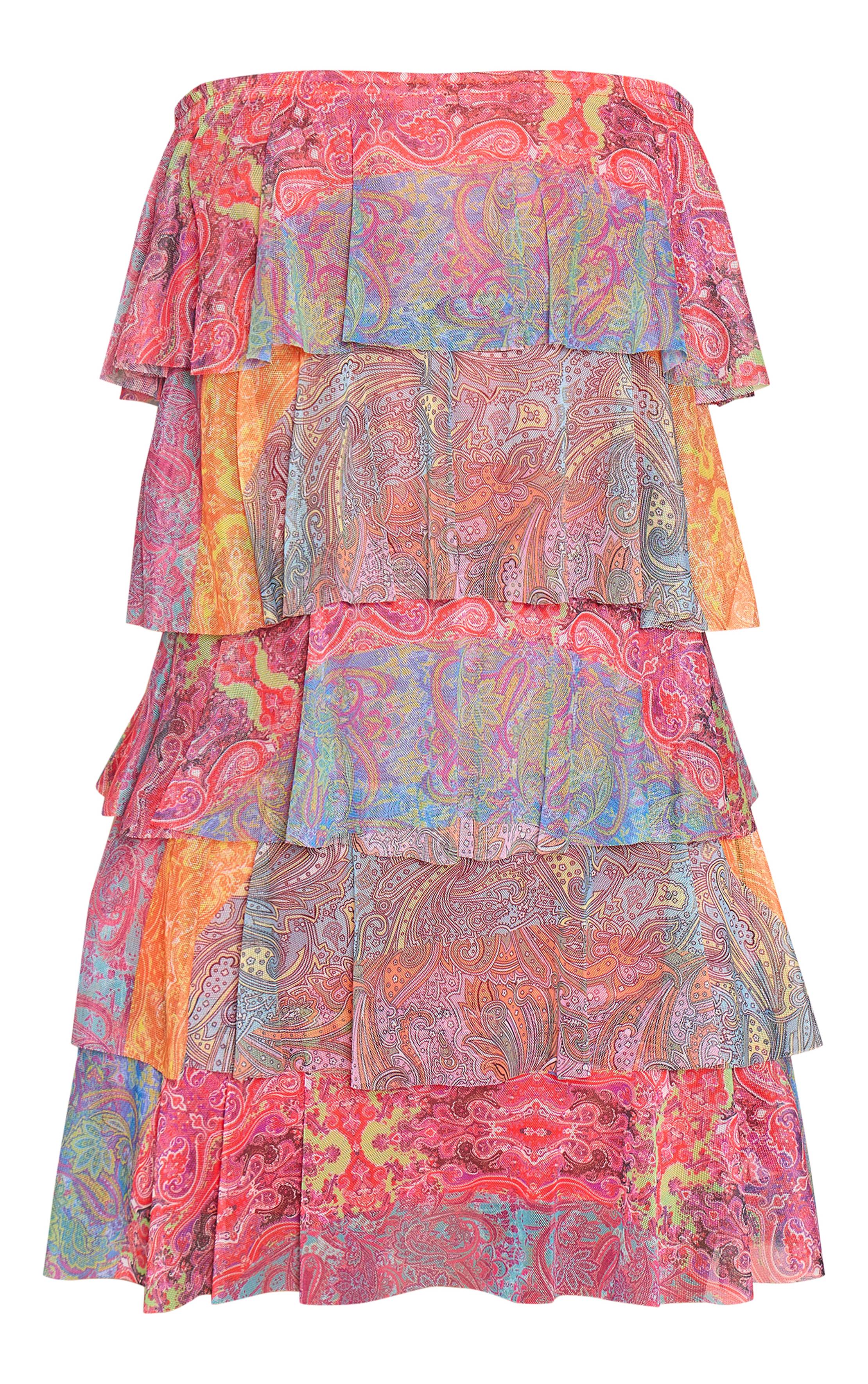 Multicolore Robe Mini Bandeau En Mesh À Volants Imprimé Patchwork