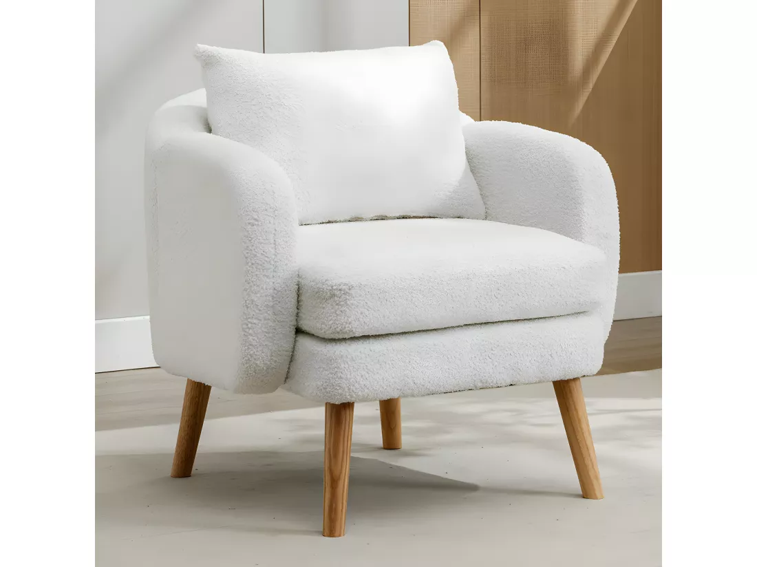 Fauteuil Canapé Fauteuil avec coussin à pieds en bois massif moderne et sobre en Teddy Tissu Blanc
