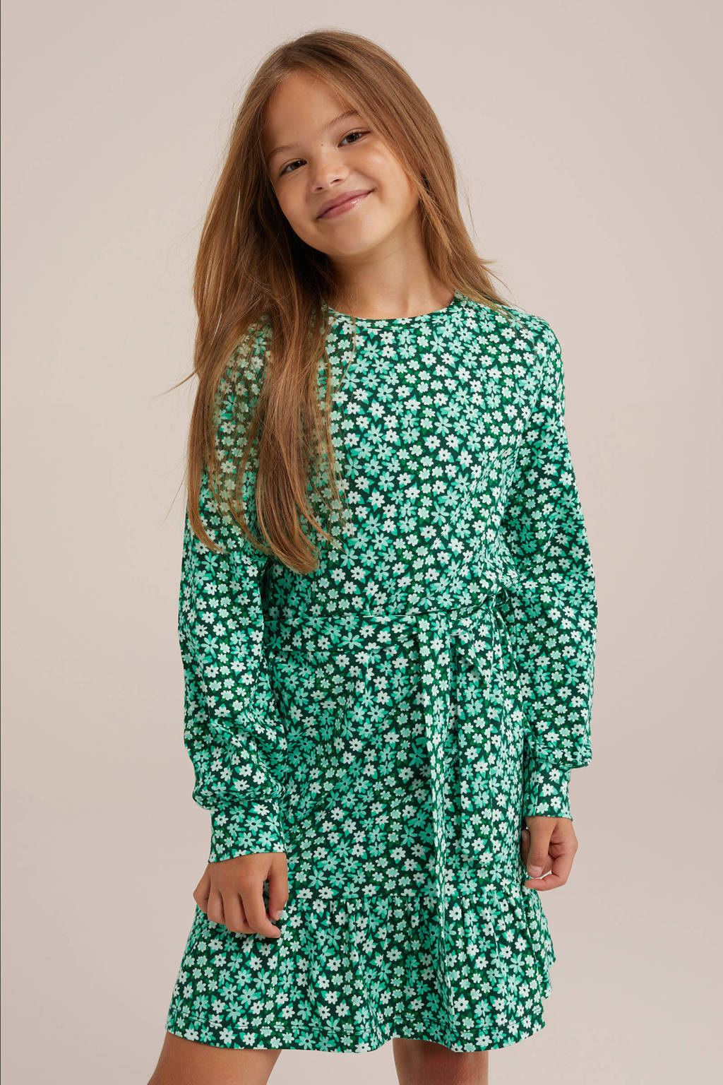 WE Fashion gebloemde jurk donkergroen/mintgroen/wit