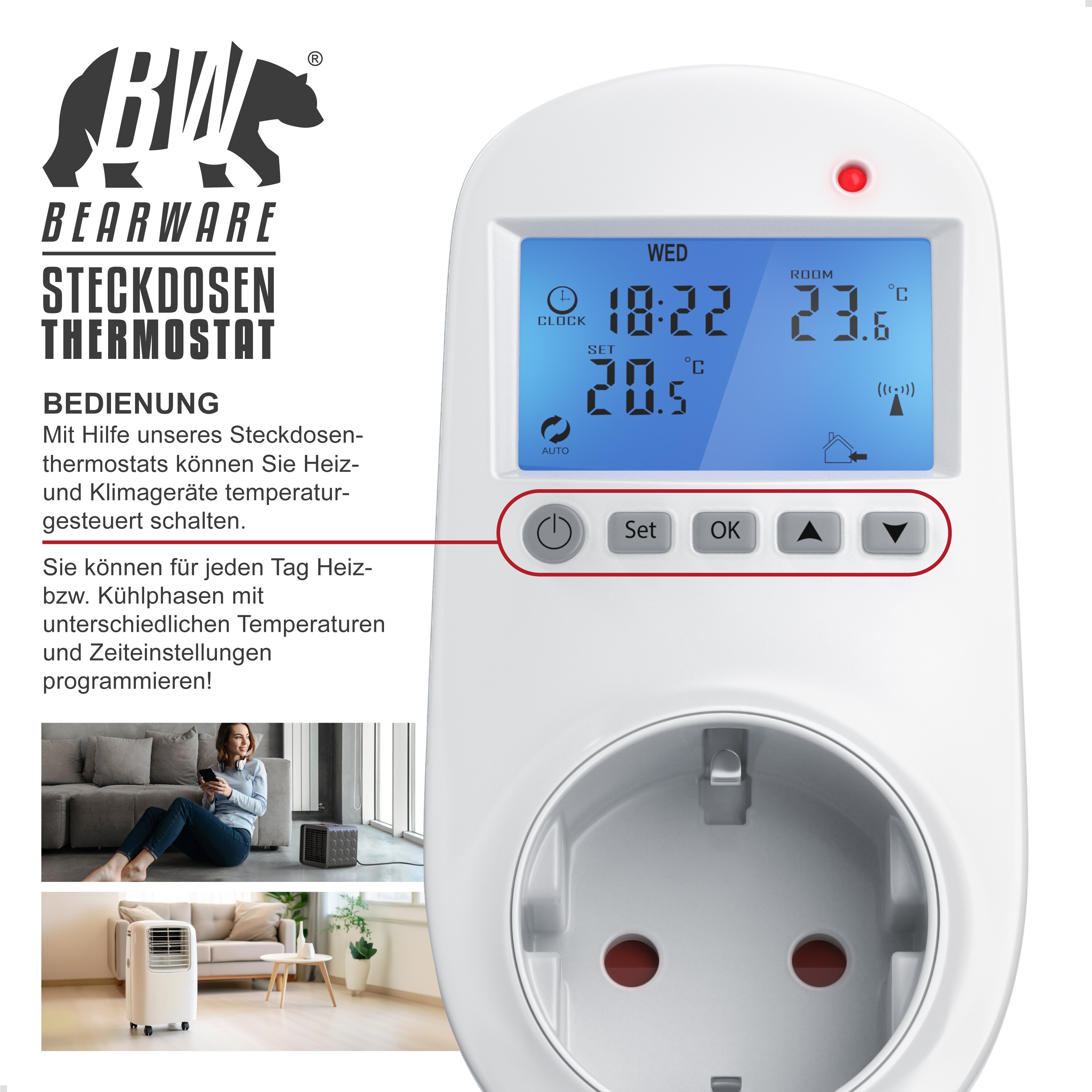 BEARWARE 3x Steckdosen Thermostat für Heiz & Klimageräte Individuell programmierbar / LCD-Display