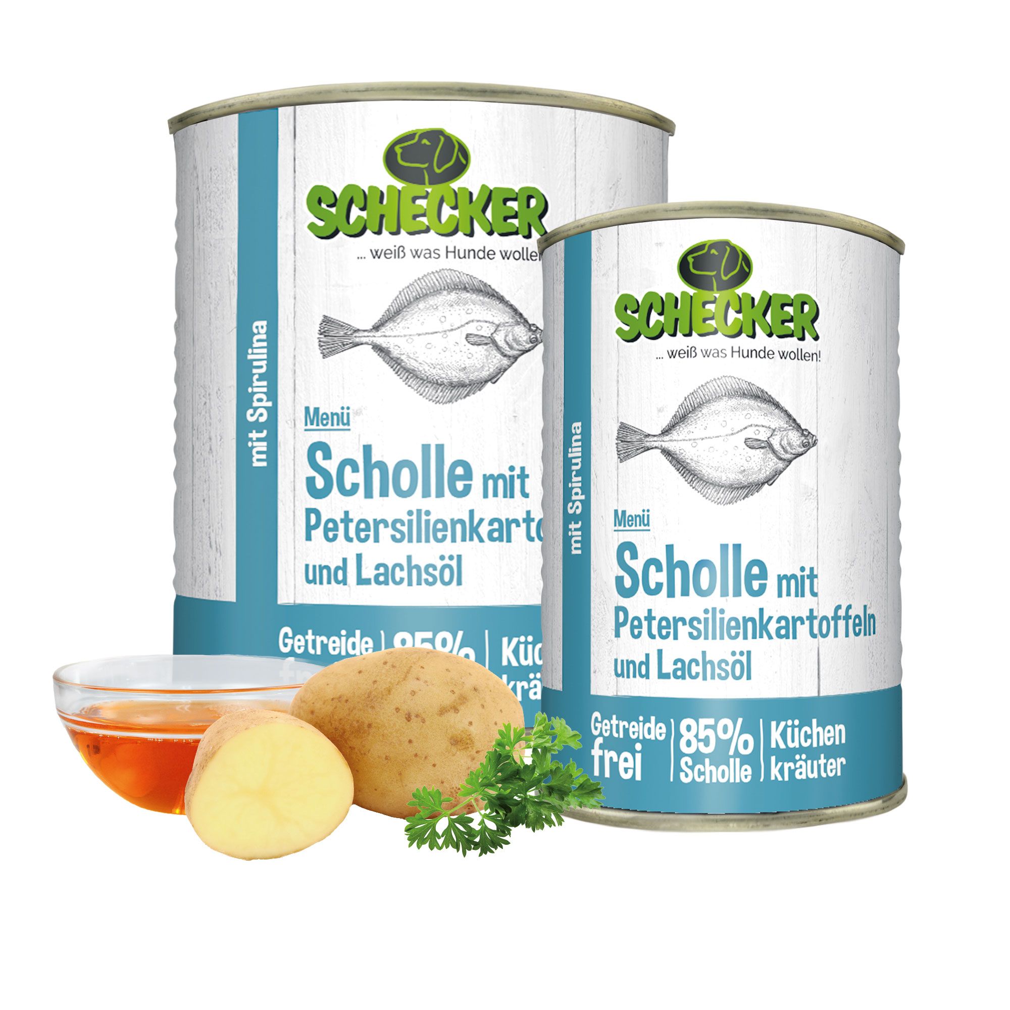 Schecker Hundemenü Scholle mit Petersilienkartoffeln und Lachsöl - Nassfutter