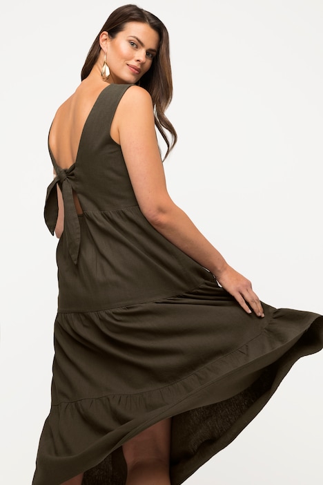 Midikleid, Leinenmix, Volants, Rundhals, ärmellos