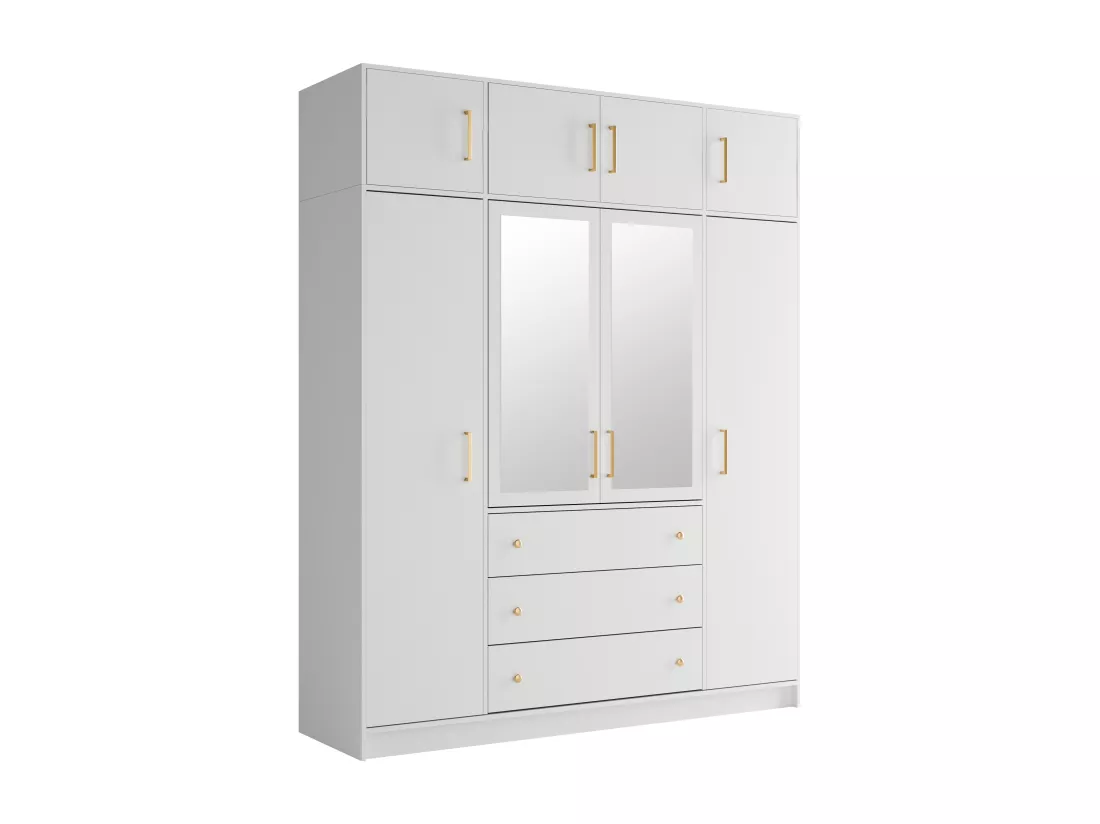 Armoire d'angle 6 portes et 3 tiroirs - Avec miroirs - L311 cm - Blanc + Réhausses - LIZANDRO
