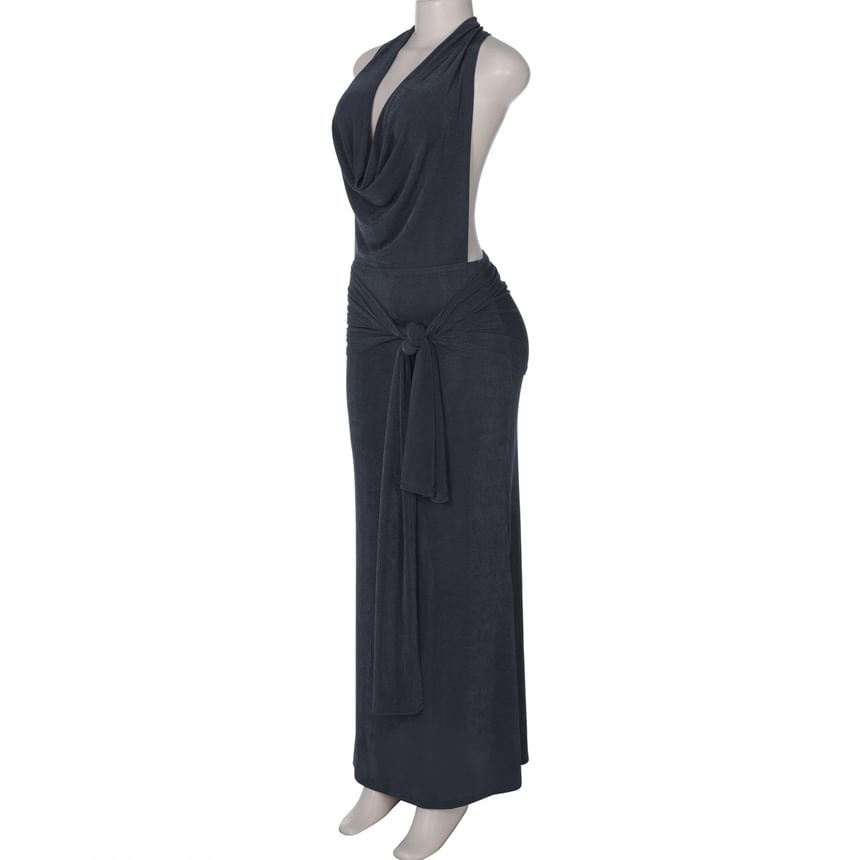 Sosana - Halterhals Effen Rugloze Maxi Bodycon Jurk