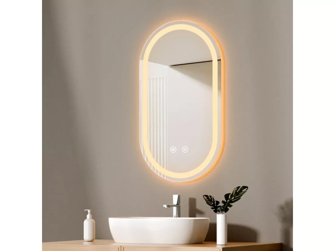 EMKE Miroir led salle de bain 50 × 90 cm Miroir salle de bain lumineux avec 3 Couleurs de lumière réglables+Anti-buée, Économie d'énergie miroir led
