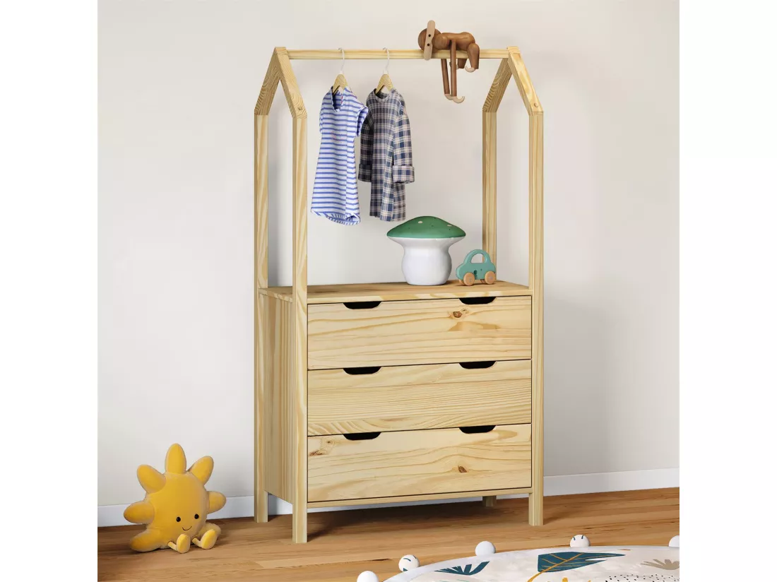 Commode AMIRA meuble de rangment pour enfant en forme de maison, avec 3 tiroirs et 1 tringle, en pin massif naturel