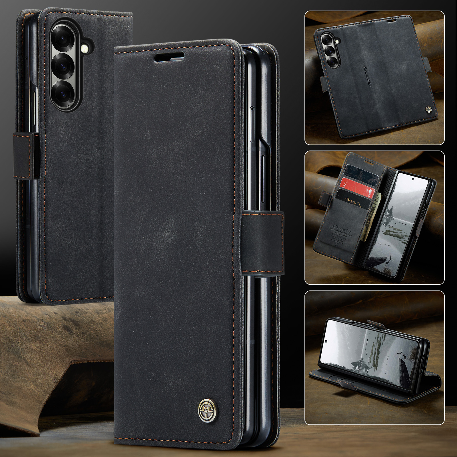 Samsung Galaxy Z Fold7 Leder Tasche Flip Wallet Etui mit Kartenfächern - Schwarz