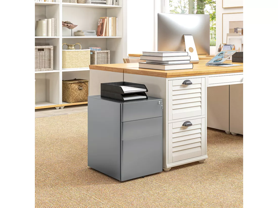 Caisson de bureau rangement bureau sur roulettes 3 tiroirs coulissants verrouillables trieur à dossiers dim. 39L x 48I x 59H cm acier gris