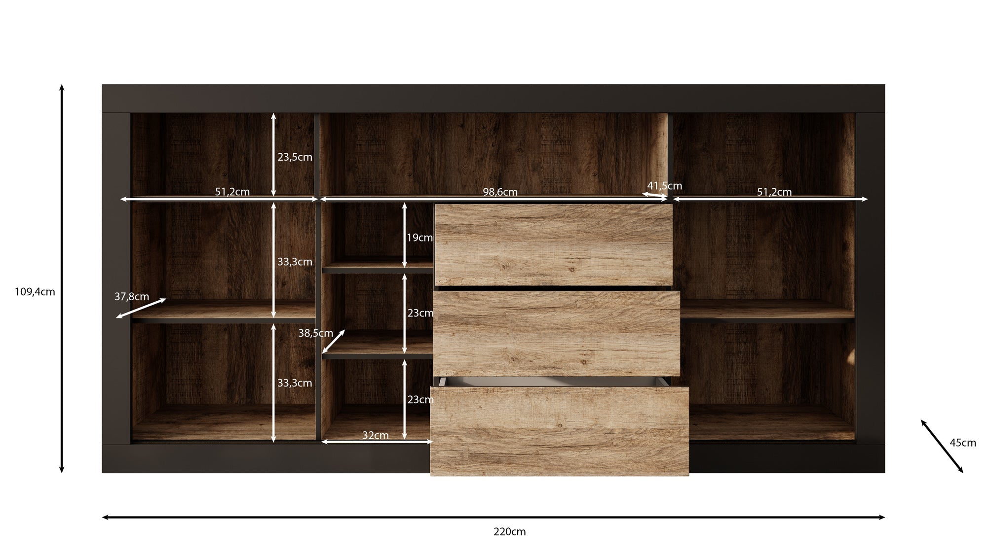 Meubella - Dressoir Trinidad 2 - Eiken - 220 cm