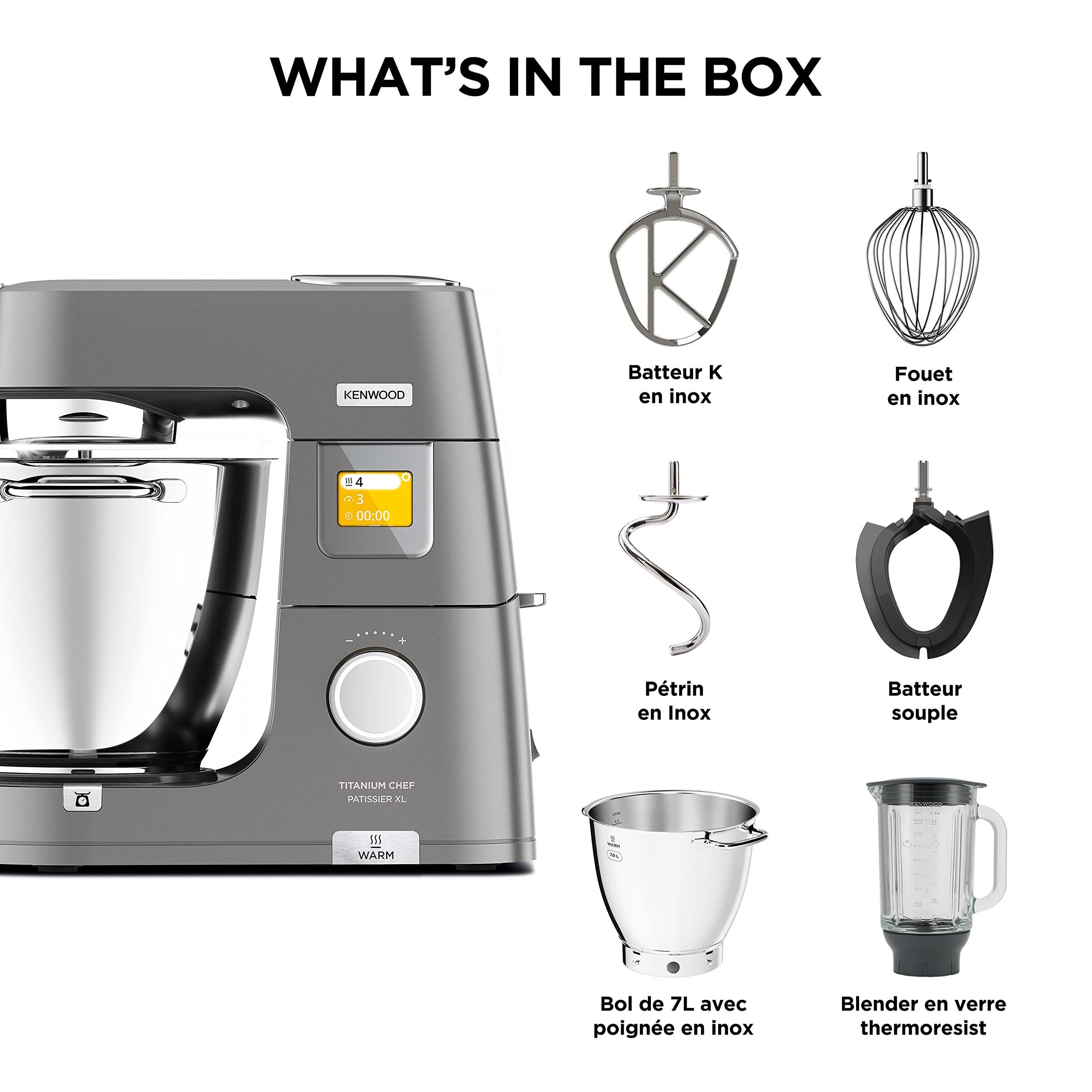 Kenwood Titanium Chef Patissier XL KWL90.034SI, Robot Patissier Balance Intégrée, Batteur K, Pétrin, Fouet, Batteur Souple, Deux Bols, Couvercle Anti-