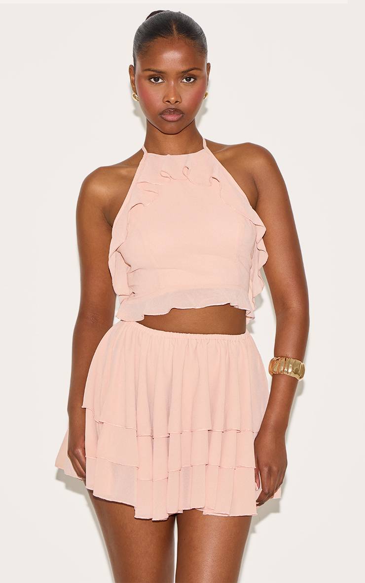 Rose Pâle Robe Droite À Découpes Et Volants Avec Col Licou