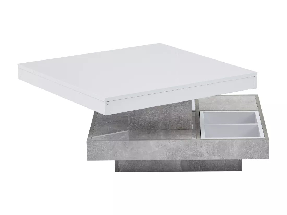 Table basse avec rangements 70x70x36 cm - plateau brillant orientable à 360° - Blanc & Gris