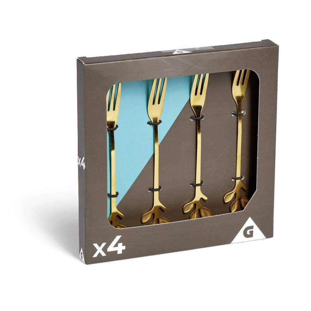 Fourchette à dessert x4 design feuille inox doré L15cm